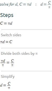 Circumference of a Circle Formula Solved for diameter