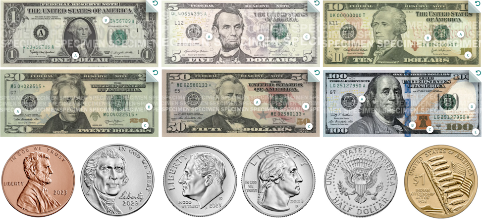 United States currency denominations. A U.S. one-dollar bill. A U.S. five-dollar bill. A U.S. ten-dollar bill. A U.S. twenty-dollar bill. A U.S. fifty-dollar bill. A U.S. one-hundred-dollar bill. A U.S. 1-cent coin. A U.S. 5-cent coin. A U.S. 10-cent coin. A U.S. 25-cent coin. A U.S. 50-cent coin. A U.S. 100-cent coin.