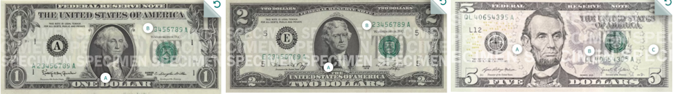 A U.S. one-dollar bill. A U.S. two-dollar bill. A U.S. five-dollar bill.