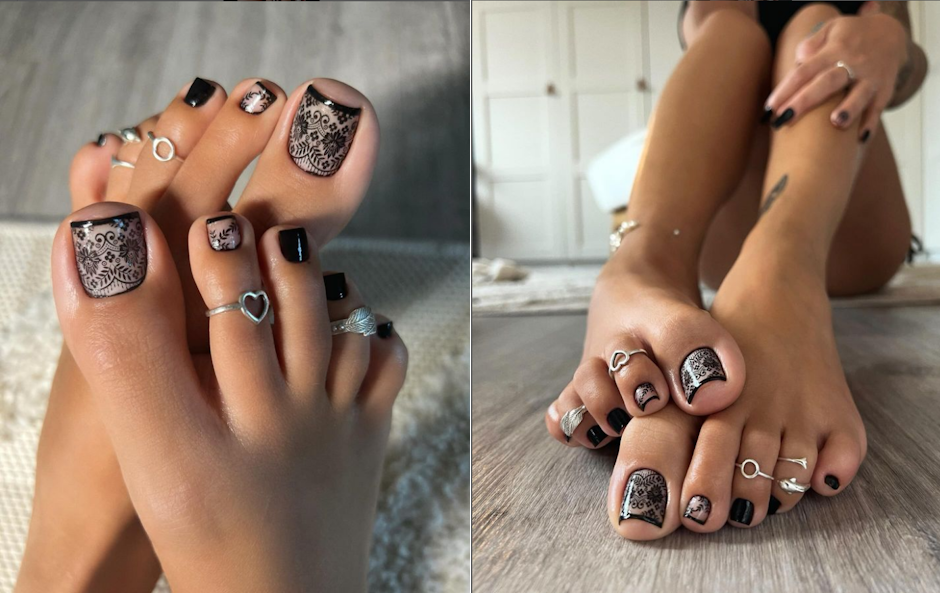 Cream with black pedicure toenails