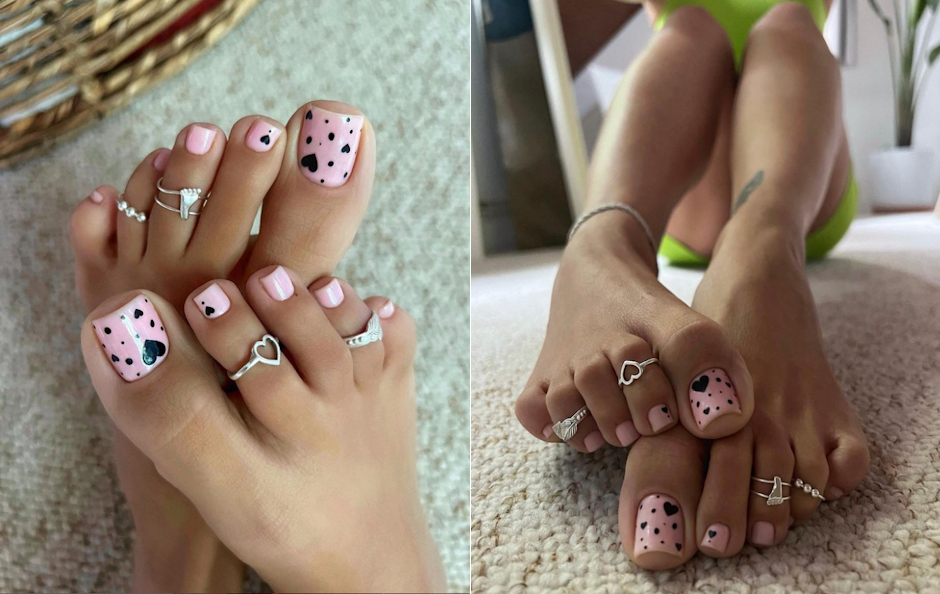 Pink with black hearts pedicure toenails