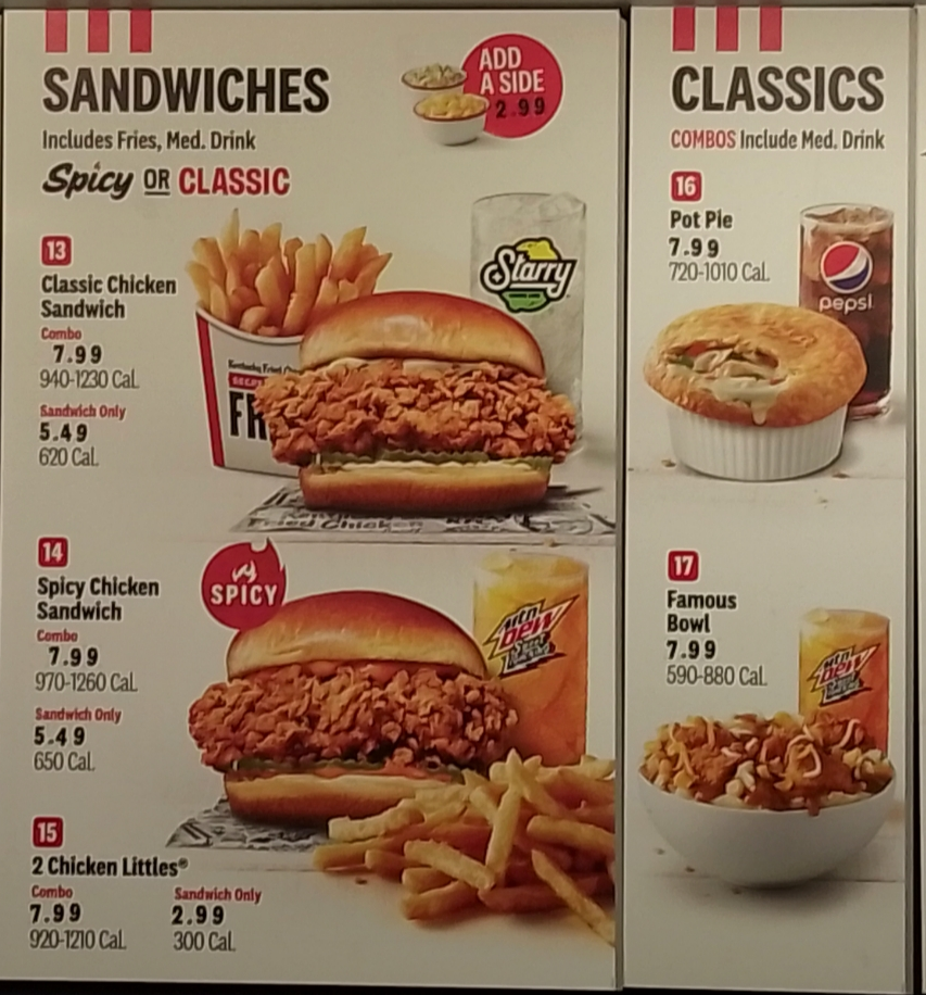 KFC prices for sandwiches and classics
