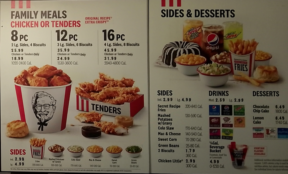 KFC prices for family meals, sides and desserts